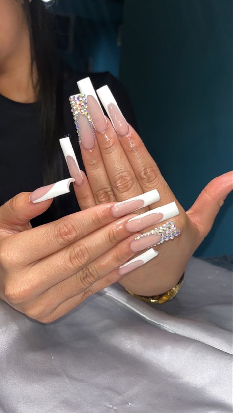 French Nails Ideas Long, Long Blinged Out Nails, Long Acrylic Nails White, Mexican Acrylic Nails, White Long Nails, Long French Nails, Neon Acrylic Nails, Cow Nails, Red Acrylic Nails