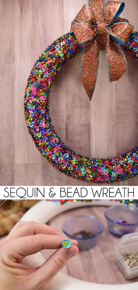 While a bit time consuming, this bead and sequin wreath is easy to make and absolutely stunning! Bead Wreath, Sequin Ornaments, Sequin Crafts, Wreath Forms, Wreath Crafts, Clever Diy, Felt Ornaments, Xmas Crafts, Up Girl