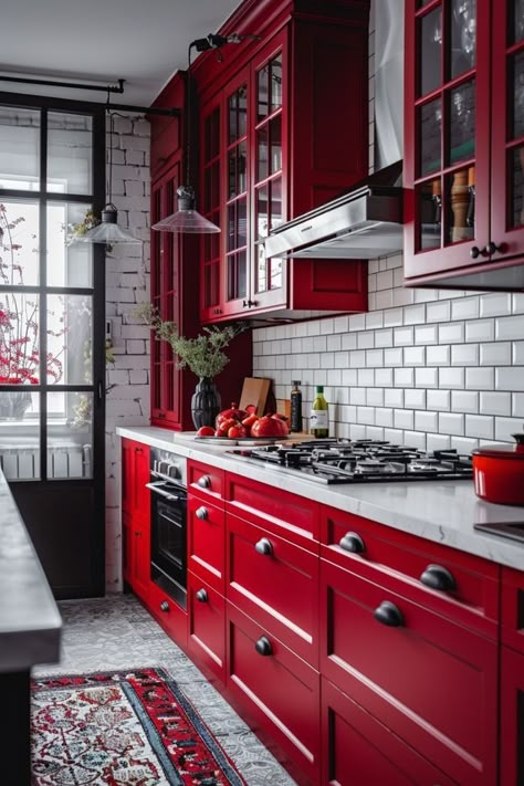 Red Kitchen Design, Red Kitchen Ideas, Red Kitchen Cabinets, Red And White Kitchen, Red Cabinets, Latest Kitchen Designs, Modular Kitchens, Future Inspiration, Bohemian Kitchen