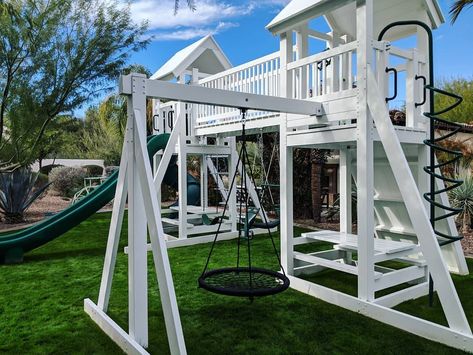 These luxury playsets are the funnest things to have in your backyard. They come with built-in water systems to keep it cool in the summer and are made from premium vinyl products. Diy Playground Backyard, Home Playground Ideas, Playground Ideas Backyard, Playground Idea, Home Playground, Backyard Play Spaces, Backyard Playset, Backyard Kids Play Area, Backyard Playhouse