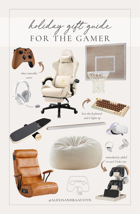 Holiday gift guide for the gamer! Love these finds for the teen boy while still keeping their space styled Holiday gift guide, teen gift guide, gamer gift guide, gaming chair, neutral gaming room, bean bag chair, game finds, neutral Christmas vibes, headphones, Xbox controller, controller stand, Amazon Christmas, found it on Amazon, Pottery Barn finds, neutral boy room, neutral aesthetic, shop the look! Gift Game Ideas For Christmas, Boys Room Gaming Chair, Game Room Essentials, Teen Boy Room Accessories, Gamer Gifts Boys, Neutral Gaming Room, Aesthetic Gaming Chair, Teen Gifts Boys, Gamer Chair Aesthetic