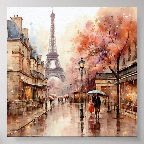 Paris France Bohemian Style Watercolor Painting Poster. Paris Painting Ideas, Paris Watercolor Painting, City Watercolor Painting, Parisian Painting, Paris Art Painting, Paris Printables, Painting Paris, Paris Artwork, Girl In Paris