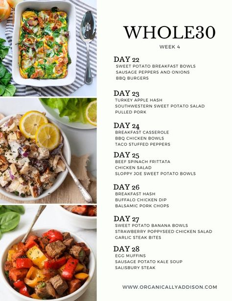 This Whole30 meal plan has 7 days worth of breakfasts, lunches and dinners! Healthy, delicious and Whole30 approved! Sausage Potato Kale Soup, Whole30 Meal Plan, Balsamic Pork Chops, Organically Addison, The Whole 30, Sausage Peppers And Onions, Meal Plan Week, Sweet Potato Bowls, Whole30 Dinner Recipes