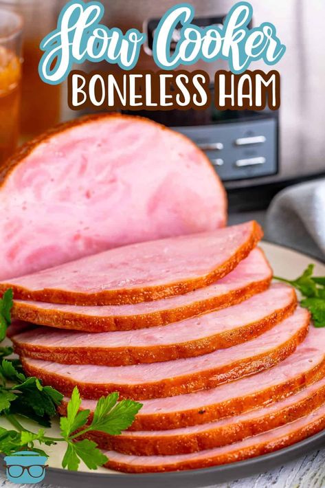 Easter Ham Crockpot Easy Recipes, Crockpot Ham Slices Recipes, Pre Cooked Ham In Crockpot Easy Recipes, Bake Ham In Crockpot, Easter Boneless Ham Recipes, Boneless Half Ham Recipes, Crockpot Precooked Ham, Slow Cook Ham Crock Pots, Ham In Slow Cooker Recipe