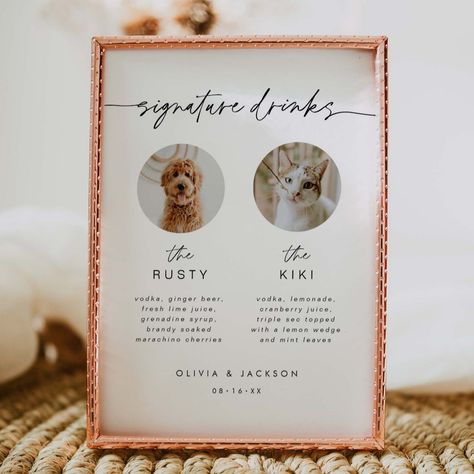 Our paper poster sign is perfect to add to a frame to display at the bar at you wedding or event - Let your pet be a part of your special day with this signature drink photo sign. Drink Menu Wedding, Signature Drink Menu, Photo Signature, Menu Wedding, Photo Sign, Drink Photo, Drink Signs, Wedding Decor Inspiration, Drink Menu