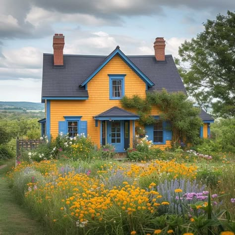 Little Yellow House, Unique House Colors Exterior, Yellow House Aesthetic, Colorful Home Exterior, Home Exterior Siding, Yellow House Exterior, Building References, Cute Cottages, Awesome Houses