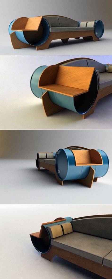 Very fresh and stylish Barrel Couch by Vladimir Kevreshan   #recycled #reporposed #reuse #upcycled Furniture Made Of Recycled Material, Furniture Made From Recycled Materials, Furniture From Waste Material, Waste Wood Furniture, Interior Design Recycled Materials, Upcycle Wood, Reused Furniture, Cardboard Chair, Recycle Design