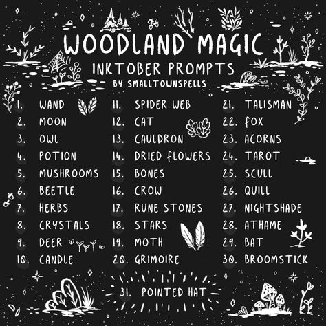 Inktober Alternative List 2024, Fall Art Prompts, Sketchtember Prompts, Tattoo Prompt List, Tattoo Drawing Prompts, Whimsical Drawing Prompts, Nature Drawing Prompts, October Art Prompts, Monthly Art Prompts