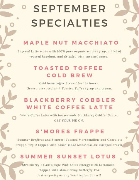 Coffee Shop Drink Specials Ideas, September Coffee Drinks, Coffee Drink Names Creative, November Coffee Drinks, Lotus Combos, Flavored Latte Recipes, Lotus Drink Ideas, Summer Coffee Drinks, Homemade Coffee Drinks