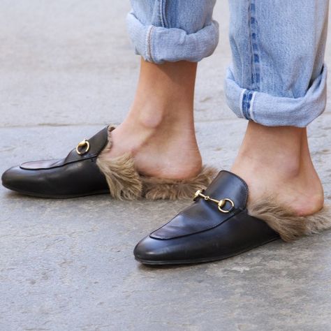 The Easiest Way to Transition Your Wardrobe Into Fall? Backless Loafer | Allure.com Gucci Slip Ons, Gucci Slipper, Fur Loafers, Fur Mules, Most Popular Shoes, Backless Loafers, Street Style Shoes, Shoe Inspiration, Black Loafers