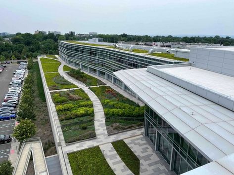 New photography for LG HQ - Englewood Cliffs, NJ is looking great 4 years later! 
250,000+ SF of Hydrotech Protected Membrane Roofing was chosen to keep critical spaces watertight while supporting extensive/intensive green roofs & amenity space. Ballasted PV panels were also installed atop white-coated Hydroguard® lightweight interlocking panels adjacent to 2 acres of extensive Garden Roof® Assemblies. An amazing mix of finishes/functions allow tenants to enjoy meaningful outdoor respite. Amenity Space, Extensive Green Roof, Garden Roof, Project Photography, Roof Waterproofing, Stormwater Management, Membrane Roof, Green Roofs, Pv Panels