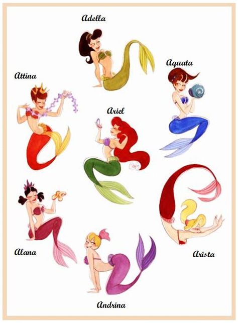 Ariel, Adella, Aquata, Arista, Andrina, Alana, Attina Ariels Sisters, Disney Amor, Character Design Cartoon, Animation Disney, Ariel Disney, Disney Fairies, Disney Ariel, Art Women, Pinturas Disney