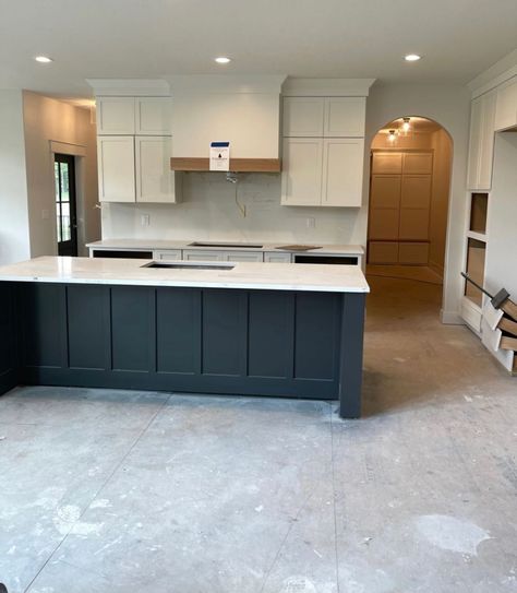 Black Built Ins Kitchen, Black Island Tan Cabinets, Pony Wall Island, Black Island Beige Cabinets, Greige Cabinets Black Island, Cream Cabinets Black Island, Cream Kitchen Cabinets With Black Island, Textured Kitchen Island, Black Stained Island