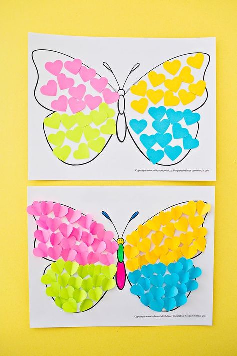 Butterfly Paper Heart Craft. Make a colorful butterfly as a cute spring or summer art project for kids! #summercraft #springcraft #kidscraft #butterfly #butterflycraft Diy – Velikonoce, Hello Wonderful, Summer Art Projects, Heart Craft, Spring Crafts For Kids, Mason Jar Crafts Diy, Daycare Crafts, Butterfly Crafts, Heart Crafts