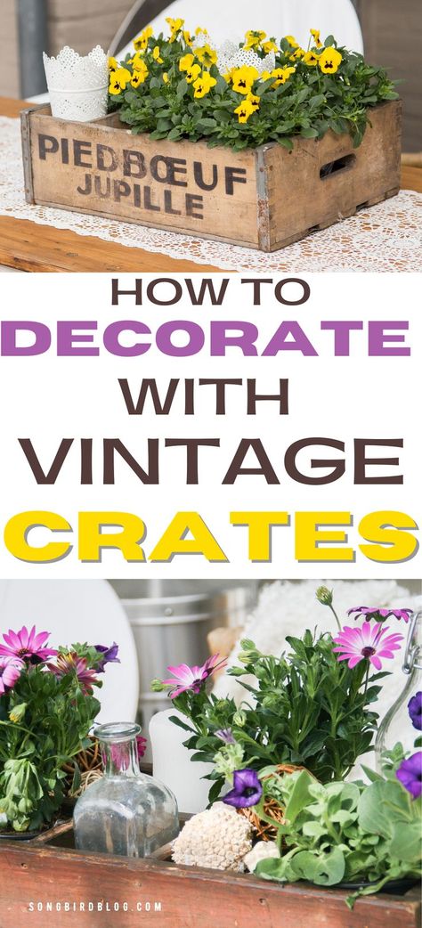 Decorating With Wooden Crates, Uses For Wooden Crates, Wood Decorating Ideas, Wooden Crates Garden, Old Coke Crates, Coke Crate Ideas, Cottage Getaway, Wooden Wine Crates, Vintage Wood Crates