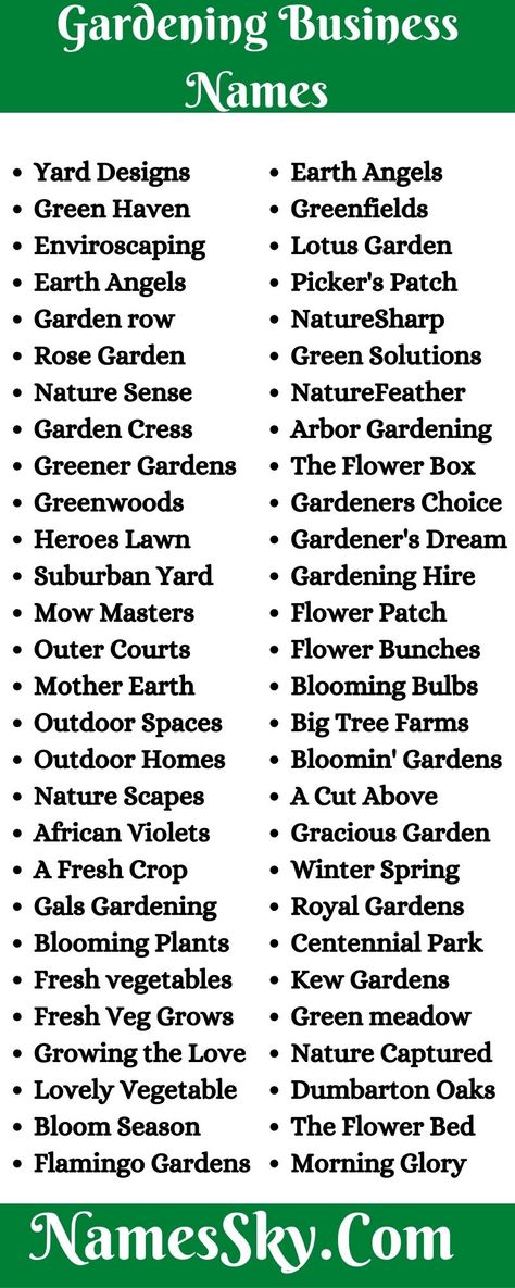 Gardening Business Names: 336+ Best Names For Gardening Company Company Names Ideas, Plants Names, Gardening Business, Plant Business, Best Names, Lotus Garden, Jordan Room Ideas, Business Name Ideas, Butchart Gardens