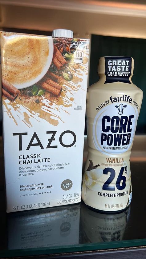 Tazo chai tea with a vanilla core power shake Chai Tea Protein Shake, Protein Chai Tea Latte, Core Power Protein Shake Recipe, Tazo Chai Tea Latte Recipe, Iced Chai Tea Latte Recipe, Chai Protein Shake, Core Power Protein Shake, Tazo Chai Tea, Chai Tea Benefits