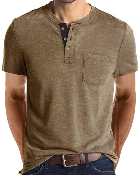 PRICES MAY VARY. Cotton Blend Made in USA or Imported Button closure Machine Wash Mens Shirts Fabric: The short sleeve henley shirt is made of premium cotton fabric with a little stretchy, lightweight, breathable and comfortable to wear. Classic Design: This basic henley t-shirt designed in 3-button placket closure, and a front pocket on the chest, builds a casual daily look. Tops Match: This fashion crewneck t-shirt could be matched with stylish jeans, chinos or casual pants for leisure look, o Mens Henley, Henley Tee, Collar Tshirt, Tee Shirt Homme, Slim Fit Shorts, Mens Plus Size, Mens Fashion Summer, Henley Shirts, Plus Size Shirts