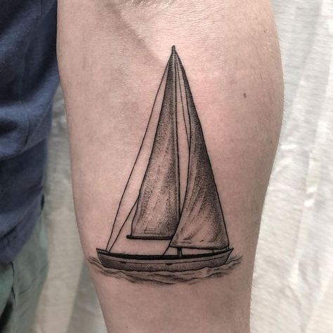 Ryan Kopf on Instagram: "Sailboat! . . . #tattoo #boattattoo #sailboat #sailboattattoo #illustrativetattoo #stipplingtattoo #blackandgreytattoo #blackworktattoo #bishoprotary #colorado #coloradotattooartist #boulder #bouldertattoo #bouldercolorado #bouldertattooartist #auspicioustattoo #ryhno" Fine Line Sailboat Tattoo, Row Boat Tattoo, One Line Sailboat Tattoo, Line Sailboat Tattoo, Single Line Sailboat Tattoo, Stippling Tattoo, Grandpa Tattoo, Cloud Outline, Sailboat Tattoo