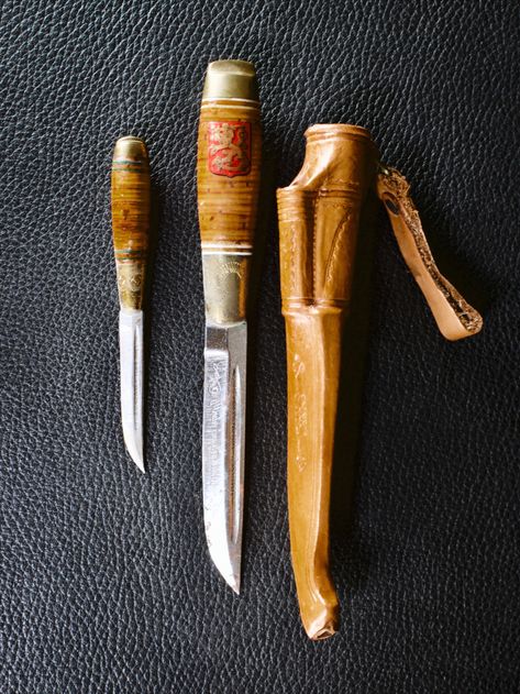 The knife has a wood handle with brass accents and it comes with the custom sheath. The blood groove has writing but I am unable to make it out (see pictures) and on the bevel "Made in Finland" Large Knife Measures 7 1/4" long, the blade is 3 5/8" long Smaller knife Measures 4 1/2" long, the blade is 2 1/8" long Available at Far-Rider-West.com #vintage #viking #huntingknife #puukko #knife #puukkoknife #bushcraftknife #Finland #vikingknife #vintageknife #giftformen #giftforwomen Bushcraft Knives, Carving Knife, Knife Handles, Celtic Jewelry, Brass Accents, Hunting Knife, Wood Handle, Finland, Vikings