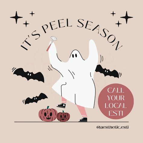 Cartoon photo of a ghost, two pumpkins, and three bats. Photo says "it's peel season! Call your local esti" Colors on photo includes mauve, pink, and tan. Halloween Waxing Posts, Halloween Med Spa Specials, October Esthetician Posts, October Instagram Post Ideas, October Esthetician, Medspa Halloween, Fall Facial Specials, Halloween Esthetician Post, Esthetician Background