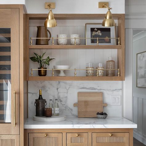 Butlers Pantry Shelf Styling, Cabinet With Shelves On Side, Dry Bar Open Shelves, Eye For Pretty Interiors, Modern Cottage Kitchen Inspiration, Cook Book Display, Bar Layout, Bistro Shelving, Wire Cabinet