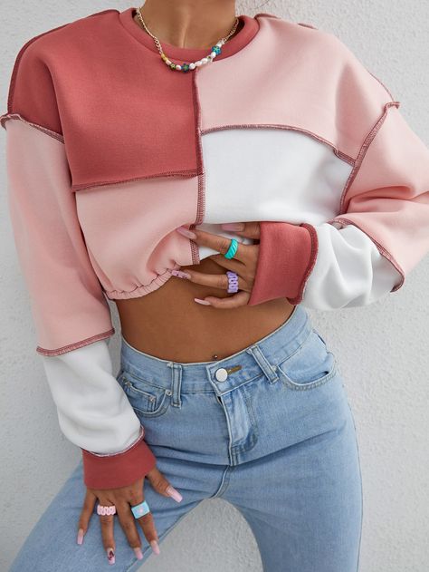 Color Block Patchwork Sweatshirt Patchwork Sweatshirt, Women Sweatshirts, Color Block Sweatshirt, Neue Outfits, Cropped Sweater, Online Womens Clothing, Fashion Pants, Color Blocking, Color Block