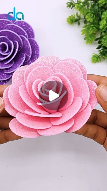 Paper Craft Rose Flower, Paper Flowers Making Videos, Foam Paper Art, Glitter Paper Flower, Rose Flower Making With Paper, Glitter Foam Flowers, How To Make A Rose, Glitter Paper Flowers, Foam Paper Flowers