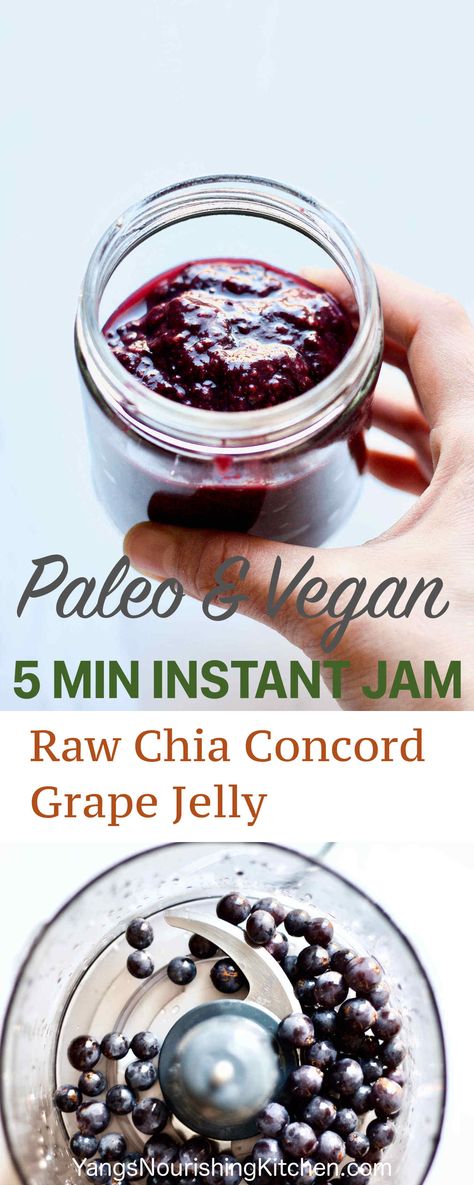 Raw grape jelly is a great alternative to cooked ones preserving many of the heat-sensitive antioxidants and enzymes, let alone how much easier it is to whip up a batch. To be honest, I never have pectin stored in the pantry, so these chia seeds are life-savers on days I run out of jam. They thicken up fruit puree in no time while no cooking is required at all. I nicknamed the recipe "instant jam" owing to the fact that I made this raw chia Concord grape jelly in under 5 minutes. Jelly, Concord Grape Recipes, Grape Jam Recipe, Homemade Grape Jelly, Concord Grape Jelly, Chia Seed Jam, Grape Jam, Grape Recipes, Chia Seed Recipes