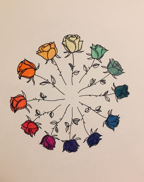 Easy Color Wheel Projects, Flower Color Wheel Art Projects, Aesthetic Colour Wheel, Color Wheel Cosmetology Projects, Cute Color Wheel Ideas, Colour Wheel Project Ideas, Color Wheel Flower, Colour Wheel Aesthetic, Colour Wheel Drawing Ideas