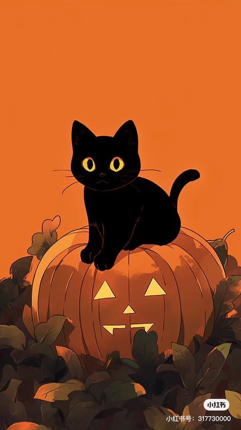 Black Cat On Pumpkin Painting, Halloween Cat Backgrounds Wallpapers, Halloween Kitty Wallpaper, Black Cat Fall Wallpaper, Halloween Cat Background, Cat In Pumpkin Drawing, Cat Pfp Halloween, Halloween Black Cat Wallpaper, Spooky Cat Wallpaper