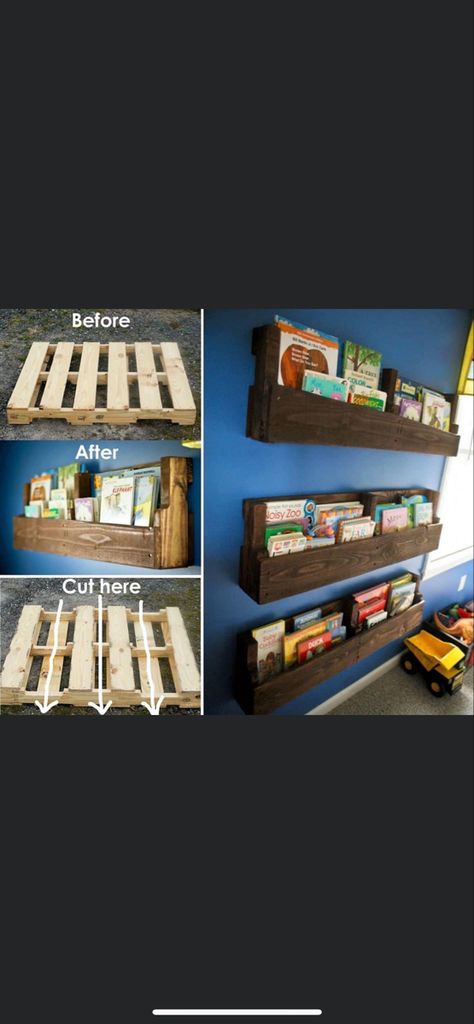 Palette Bookshelf, Pallet Bookshelves, Diy Bookshelf Kids, Kids Room Bookshelves, Pallet Bookshelf, Creative Bookshelves, Diy Living Room Furniture, Ranch House Decor, Wood Projects For Kids