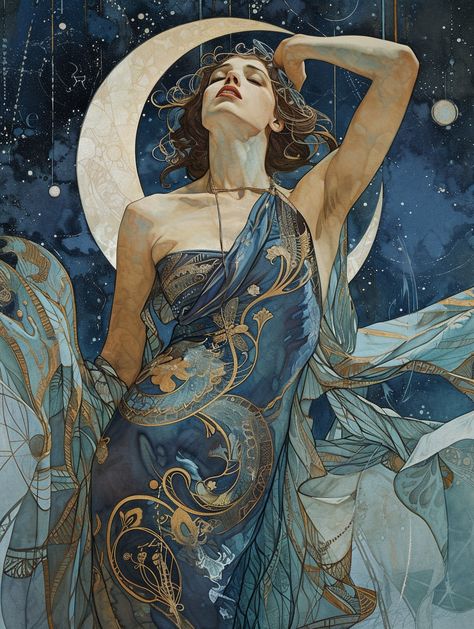 Woman in Alphonse Mucha-Inspired Setting Art Nouveau Women Illustration, Fantasy Art Nouveau, Celestial Deity, Crescent Moon Backdrop, Moon Deity, Moon Backdrop, Moon Goddess Art, Joyful Expression, Elegant Illustration