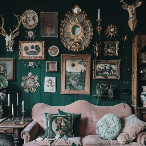 Dark Green Gothic Living Room, Gallery Wall Dark Green, Witchcore Room, Green And Purple Aesthetic, Witchy Living Room, Accent Mural, Entomology Decor, Green Gallery Wall, Dark Cottagecore House