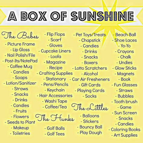 How awesome is this!? Send someone a box of sunshine, such a sweet and simple way to brighten their day. I saw som... A Box Of Sunshine, Box Of Sunshine, Secret Sisters, College Care Package, Care Package, Mellow Yellow, Random Acts Of Kindness, Diy Birthday, Creative Gifts