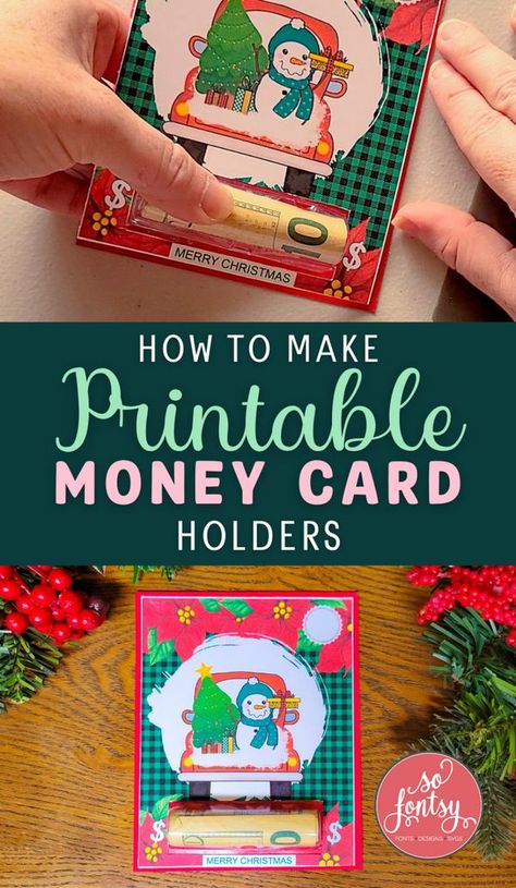 How to Make Printable Money Holder Cards Tutorial from So Fontsy #diycards #moneycard #holidaycard #giftgiving #christmasdiy Cricut Money Holder Card, Diy Christmas Money Holder, Money Cards Holder, Paper Creativity, Christmas Money Cards, Money Holders Card, Card Holder Diy, Gift Card Presentation, Gift Card Holder Diy