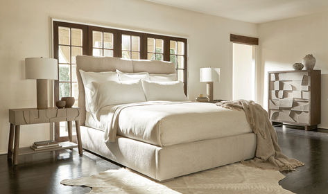 Sculptural drama. Tactile materials. Earthy hues. A refined aesthetic with a sense of nomadic minimalism. Bernhardt Casa Paros. Natural Surfaces, Tall Drawers, Earthy Hues, Aesthetic Clean, Upholstered Panel Bed, Refined Aesthetic, Bernhardt Furniture, Tall Chest, Panel Bed