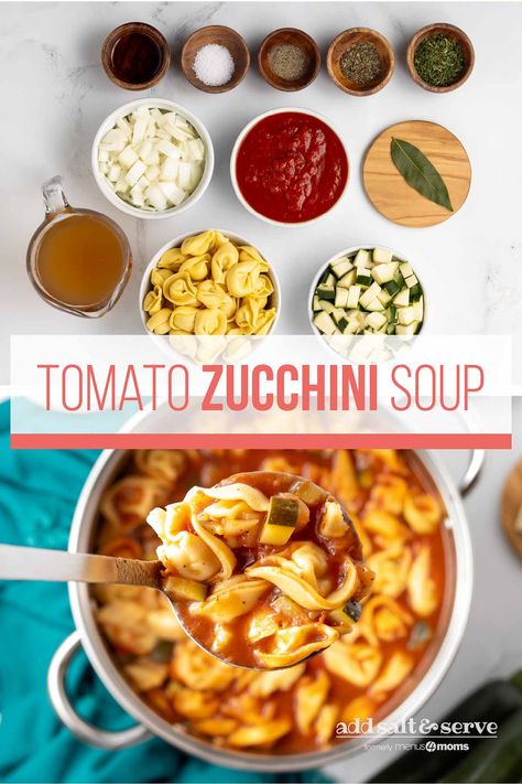 Tomato Zucchini Soup is an easy 20-minute soup that is good to the last drop—so good that you might need to double the recipe to stock your freezer! Made robust by the addition of tortellini, it makes a full meal by itself. It is quick and easy to prepare and is sure to be a hit with the whole family. Gluten Free Ravioli, Zucchini Soup, Pasta Soup, Tortellini Soup, The Last Drop, Gluten Free Pasta, Vegetarian Options, Crushed Tomatoes, Full Meal Recipes