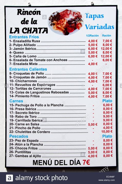 Menu Tapas Bar Pub Restaurant Arcos de Frontera Spain Spanish Cadiz Stock Photo: 76321799 - Alamy Spanish Menu, Classroom Commands, Mexican Menu, Pub Restaurant, Spain Spanish, Tapas Bar, Bar Menu, Cadiz, Menu Restaurant