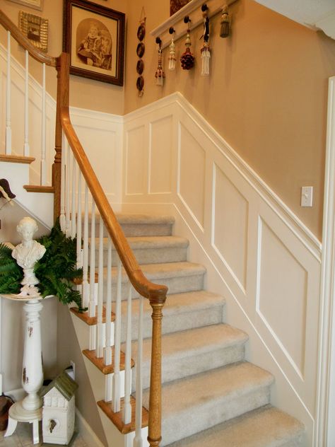 We just added wainscoting to our wall in our upstairs stairwell. I also didn't want to paint the white wall all the way up past 20 feet because of it being so h… Decorating Stairwell, Stairwell Wainscoting, Stairwell Inspiration, Judges Paneling, Hallways Ideas, Wainscoting Staircase, Picture Frame Wainscoting, Stairway Wall, Wainscoting Hallway