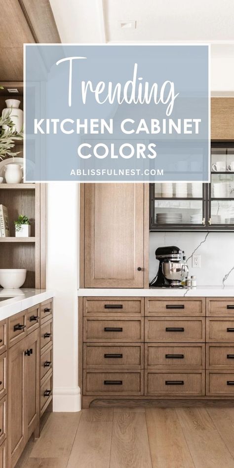 Looking to give your kitchen a fresh update? Check out these trending kitchen cabinet colors to inspire your next renovation! From warm wood tones to cool, calming blues, there's a perfect hue to complement any style. Get ready to transform your cooking space into a stylish and inviting haven!#kitchencabinets #kitchenremodel #kitchendesign Color Combo Kitchen Cabinets, Mid Tone Kitchen Cabinets, Cabinet Colors For Light Floors, Mixed Wood And Paint Kitchen Cabinets, Almond Colored Cabinets, Kitchen Cabinets Colors Wood, Medium Tone Kitchen Cabinets, Pecan Colored Cabinets Kitchen Designs, Change Kitchen Cabinet Color