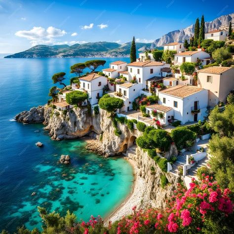 Premium AI Image | Nestled along a rocky seashore there lies a quaint Greek seaside village that epitomizes picturesqu Greek Village, Seaside Village, Rocky, Beautiful Places, Paintings, Architecture, Pins, Quick Saves