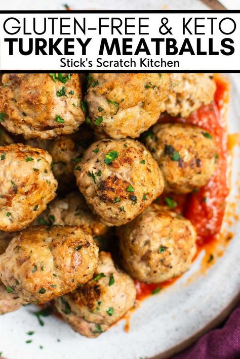 These gluten-free and keto turkey meatballs are made with lean ground turkey, almond meal, fresh grated Parmesan, egg, and a handful of seasonings. They're quick, easy, and delicious. #turkeymeatballs #ketomeatballs #glutenfreemeatballs #glutenfreeturkeymeatballs #ketoturkeymeatballs #weeknightdinner #meatballrecipe #meatballs #italiandinner Ground Chicken And Turkey Meatballs, Keto Ground Turkey Meatballs, Ground Turkey Keto Recipes, Keto Ground Turkey Recipes, Keto Turkey Meatballs, Ground Turkey Meatball Recipes, Healthy Turkey Meatballs, Gluten Free Turkey Meatballs, Keto Turkey