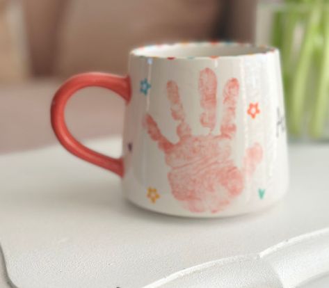 HOME | Original Ceramics Handprint Mugs For Grandparents, Handprint Coffee Mug Diy, Baby Footprint Pottery, Pottery Painting Baby Ideas, Birthday Plate Ideas Girl, Footprint Pottery, Baby Pottery Painting Ideas, Mug Pottery Painting Ideas, Handprint Mug