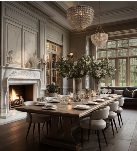 Dream Home Dining Room, Posh Dining Room, Chateau Dining Room, Modern Formal Dining Room Ideas, Grand Dining Room Luxury, Nice Dining Room, Formal Dining Room Built Ins, Massive Dining Room, Manor House Dining Room