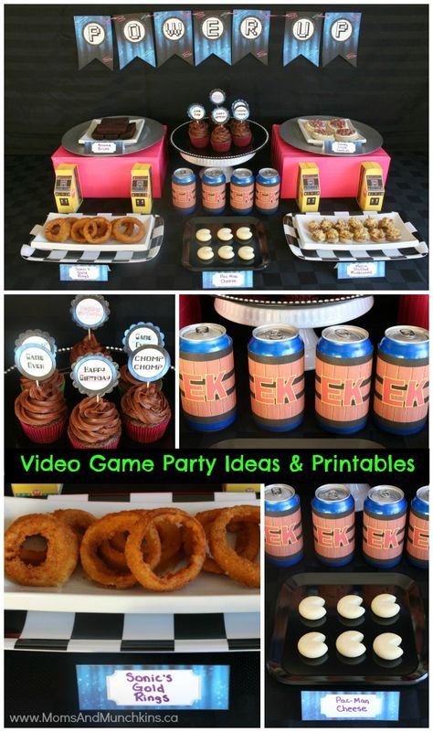 Retro Video Game Party Ideas - video game party food, favors, decorating ideas, printables and more! Party Ideas For Adults Men, Video Game Party Food, Video Game Party Ideas, Retro Video Game Party, Game Party Ideas, Gamers Party Ideas, Arcade Birthday Parties, Video Game Birthday Party, Game Birthday Party