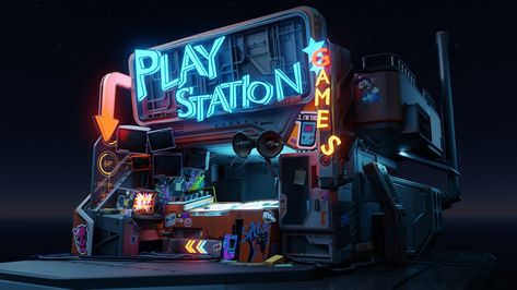 Cyberpunk Diorama, Scifi Bar, Cyberpunk Cartoon, Scifi Environment, Cyberpunk Games, Steampunk City, Video Game Shop, Retro Gaming Art, Props Art