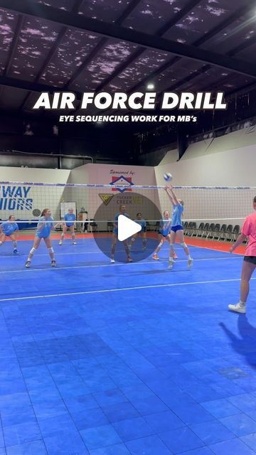 Conway Juniors Volleyball Club on Instagram: "AIR-FORCE DRILL ✈️ this is a great drill to work on blocking moves & eye sequencing, especially for the MB.   Series of 5 correct blocking moves, followed by a transition to attack ball! If the MB gets faked out by the setter or reads wrong- they start over. **This also gives your setters a chance to really work on staying neutral and psyching out the blockers.   Try it out & let us know what you think! 🩵  #conwayjuniors #cjv #vballworld #volleyball #drills #blocking #defense #team #skills #middleblocker #vballdrills #fyp #bettereveryday" Volleyball Coverage Drills, Middle Volleyball Drills, Volleyball Transition Drills, Defense Drills Volleyball, Volleyball Defense Positioning, Volleyball Conditioning Drills, Blocking Drills Volleyball, Volleyball Skills Drills, Volleyball Blocking Drills