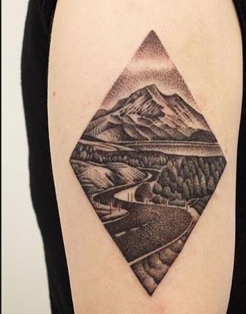 Road Tattoo, Wilderness Tattoo, Landscape Tattoo, Geometric Tattoo Design, Flowers Background, Mountain Tattoo, 1 Tattoo, Winding Road, Tattoo Designs For Women