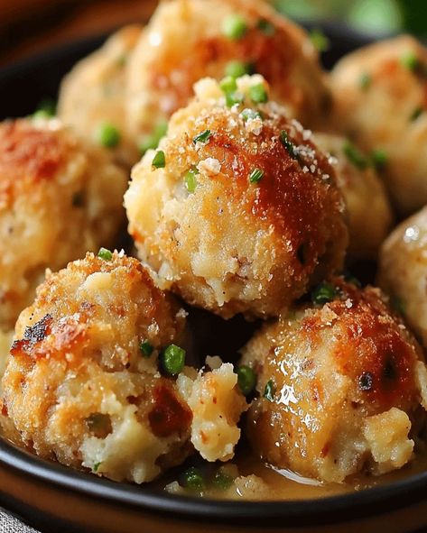 Make the most of leftovers with Turkey Stuffing Balls! A crispy, savory treat with mashed potatoes, stuffing, and turkey. Perfect for holidays! Stuffing Meatballs Thanksgiving, Turkey Dressing Balls, Dressing Balls Thanksgiving, Stuffing In Turkey, Turkey Stuffing Balls Recipe, Leftover Turkey Stuffing Balls, Turkey Croquettes Recipes, Leftover Stuffing Recipes Ideas, Turkey Dinner Sides